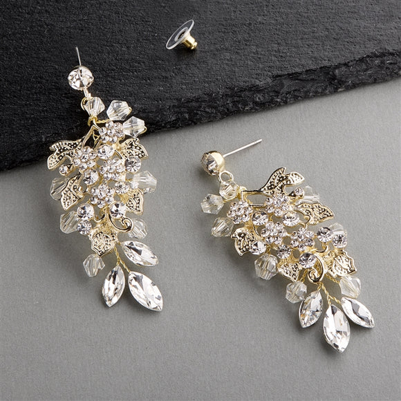 Handmade Bridal Earrings with Cascading Crystals, Flowers, and Golden Leaves