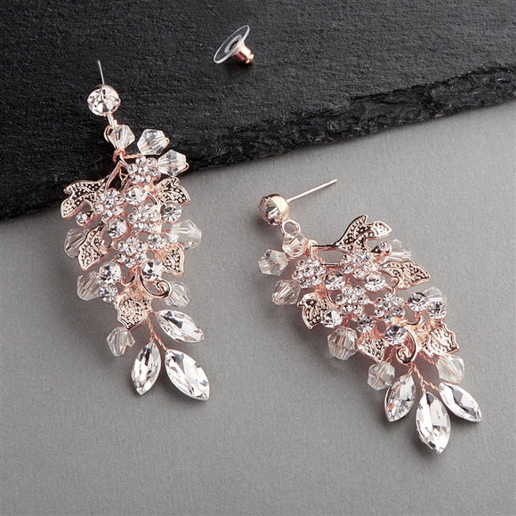 Handmade Bridal Earrings with Cascading Crystals, Flowers, and Leaves | Light Rose Gold Blush