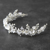 Handmade Bridal Tiara with Leaves, Freshwater Pearls, Crystals, and Sculpted + Flowers