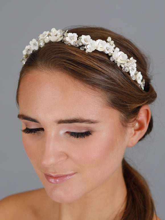 Handmade Bridal Tiara with Leaves, Freshwater Pearls, Crystals, and Sculpted + Flowers
