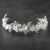 Handmade Bridal Tiara with Leaves, Freshwater Pearls, Crystals, and Sculpted + Flowers