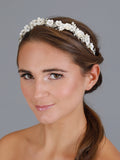 Handmade Bridal Tiara with Leaves, Freshwater Pearls, Crystals, and Sculpted + Flowers