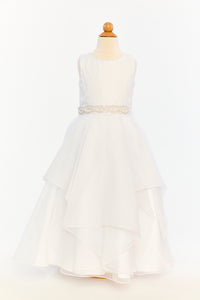 White Satin and Organza Layered Dress With Jeweled Belt