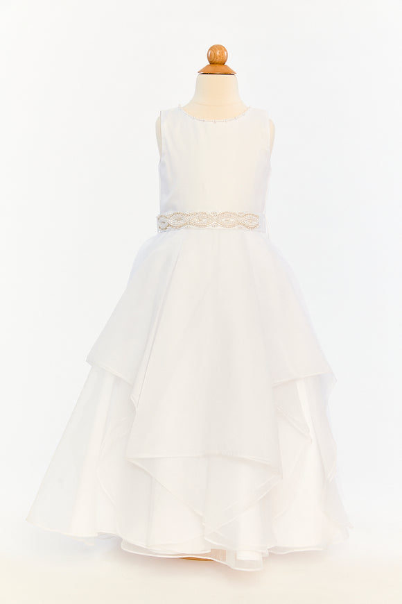 White Satin and Organza Layered Dress With Jeweled Belt