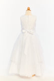 White Satin and Organza Layered Dress With Jeweled Belt