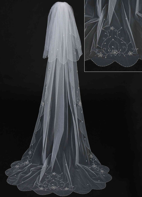 Cathedral Veil with Floral Motif in Sequins + Beads