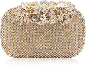 Gold Rhinestone Evening Clutch with Floral Leaf Design