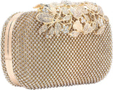 Gold Rhinestone Evening Clutch with Floral Leaf Design