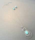 Turquoise Stone Necklace and Earring Set in Antique Silver