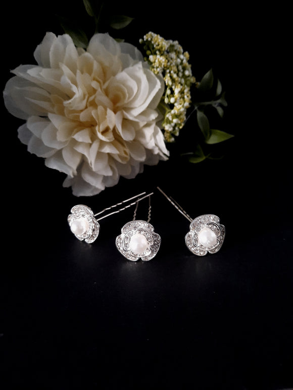 Pearl + Rhinestone Flower Hairpins