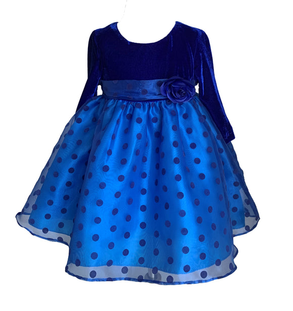 Baby Girl's Long-Sleeve Velvet Dress with Velvet Polka-Dots