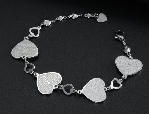 Women's Heart Shaped Link Charm Bracelet With Lord's Prayer