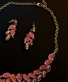 Pink Two Tone Necklace Set with Hand Painted Leaves, Crystal Glass | Party | Wedding | Prom |