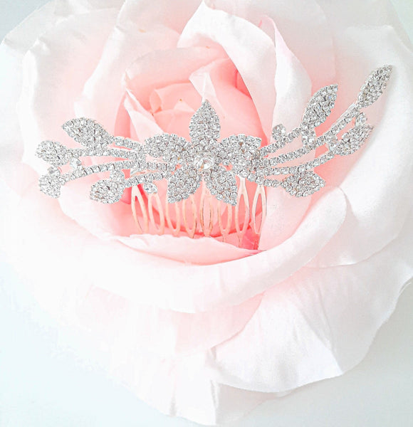Pave Crystal and Flower Leaf Hair Comb