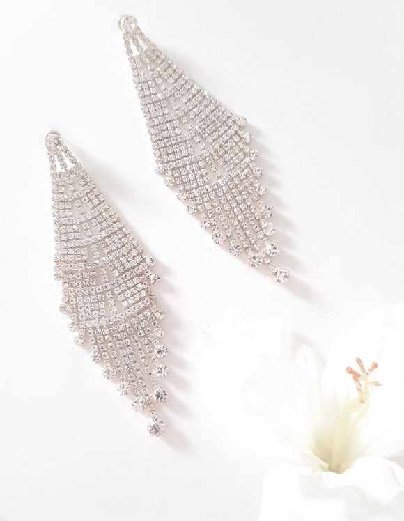 Silver Rhinestone Fringe Drop Earrings