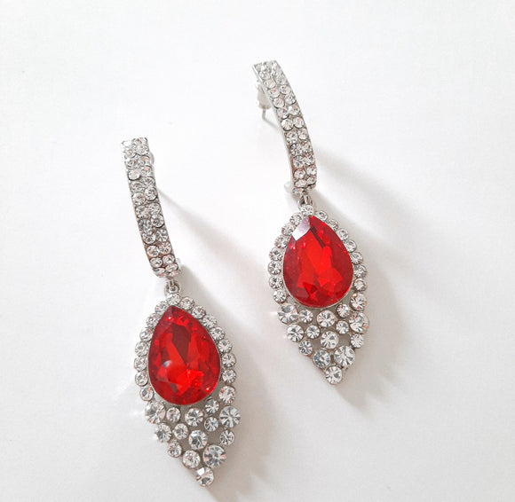 Red/Silver Pear Shape Drop Earrings