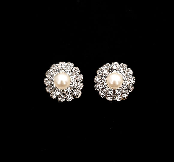Sparkling Rhinestone Stud Earrings with Center Pearl | Clip-On