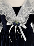 Infant/ Toddler Navy Velvet Dress with White Lace Trims