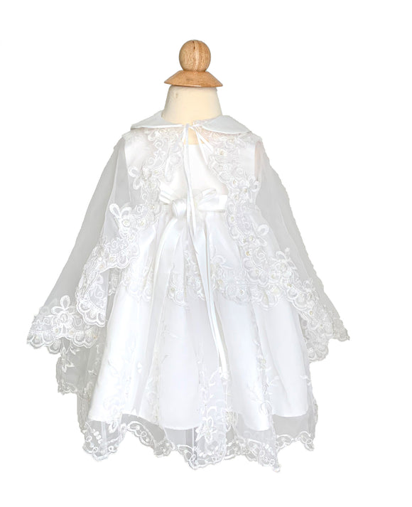Baptism Dress With Cape and Lace Applique