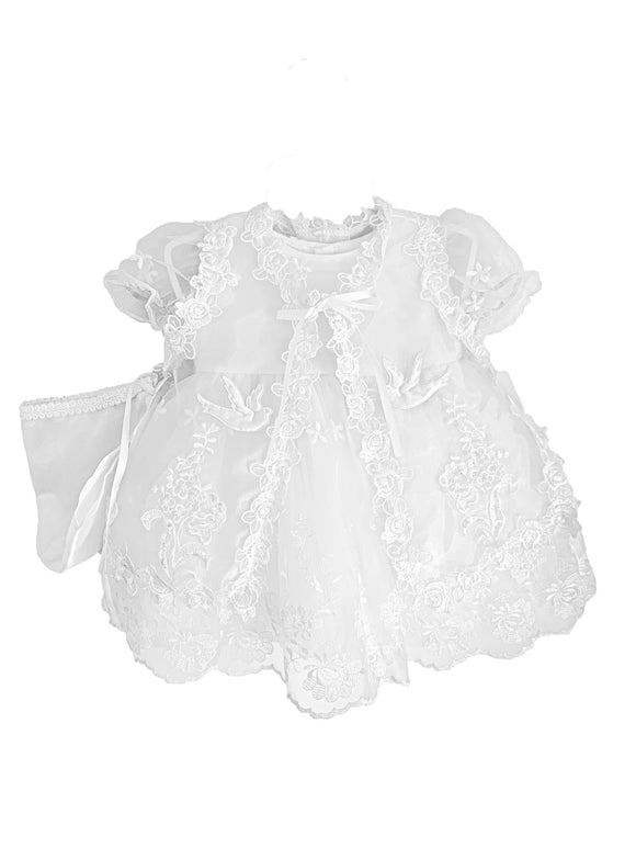 Baptism Dress With Cape and Flower Applique
