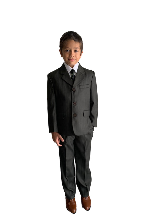 Boys 5 Piece Formal Suit In Olive Green With Pin Stripes