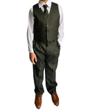 Boys 5 Piece Formal Suit In Olive Green With Pin Stripes