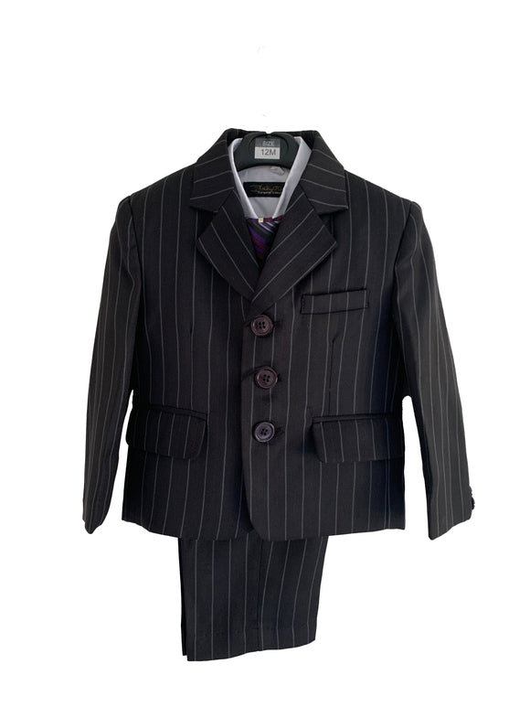 Boys 5 Piece Formal Black Suit With Striped Detailing