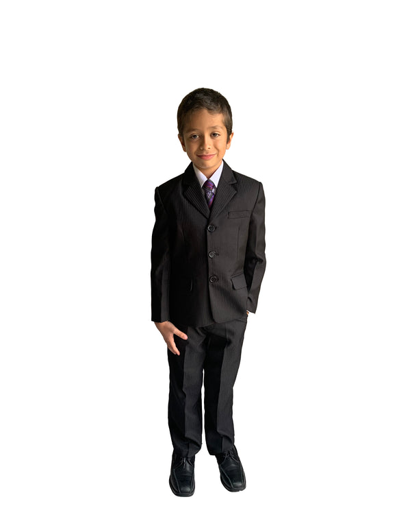 Boys 5 Piece Formal Black Suit With Striped Detailing