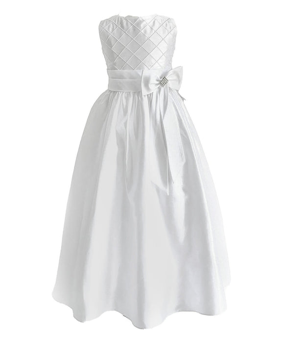 Girls Communion Dress with Shantung Tucked Bodice and Jeweled Bow