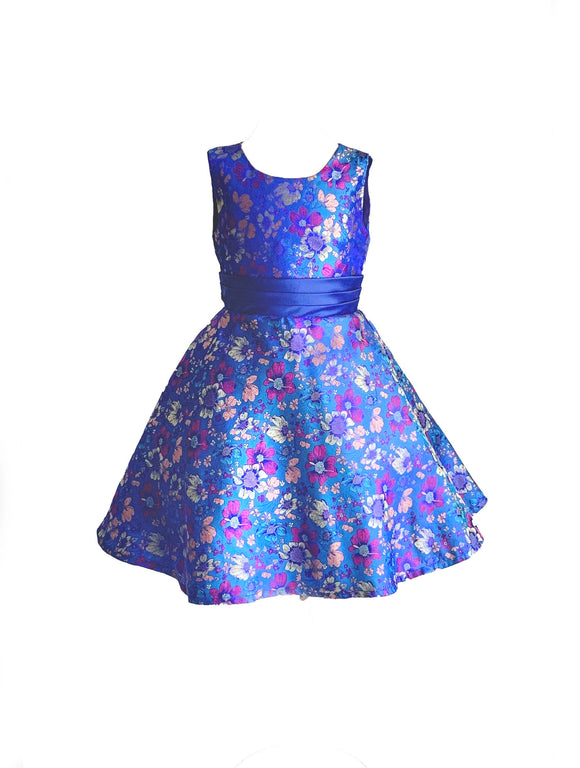 Girls Blue Dress With Multi-Color Floral Print