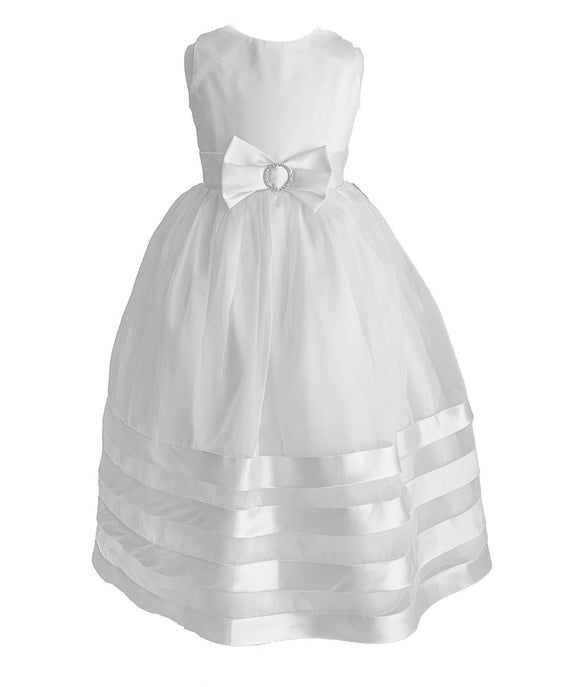 Satin and Organza Striped Skirt Dress with Jeweled Bow