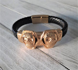 Mens Skull Bracelet | Stainless Steel + Black Leather