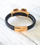 Mens Skull Bracelet | Stainless Steel + Black Leather