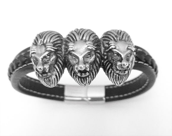 Mens Bracelet with Lionheads | Leather