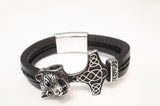 Mens Black Wolf-Head Bracelet | Leather