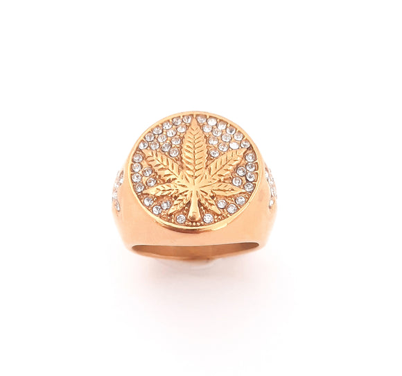 Gold Plated Marijuana Leaf Ring | Iced-Out