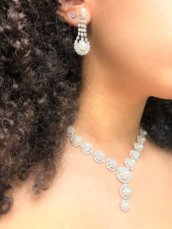 Pearl and Rhinestone Y- Necklace with Matching Earrings