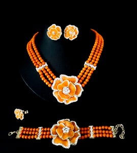 Beaded Floral Necklace Set with Matching Ring and Bracelet