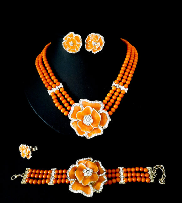 Beaded Floral Necklace Set with Matching Ring and Bracelet