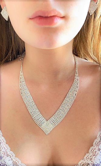 Classic V-Shaped Rhinestone Necklace and Earring Set