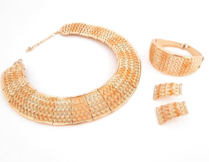 Gold Metal Necklace Set with Weave Effect