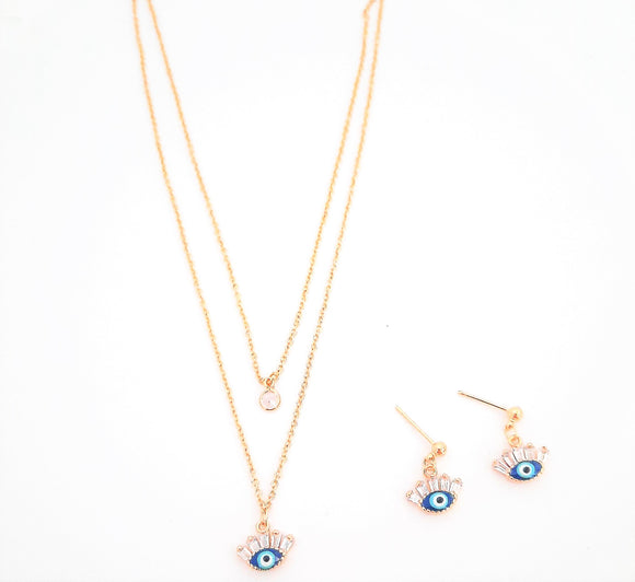 Two Tier Evil Eye Necklace with Matching Earrings