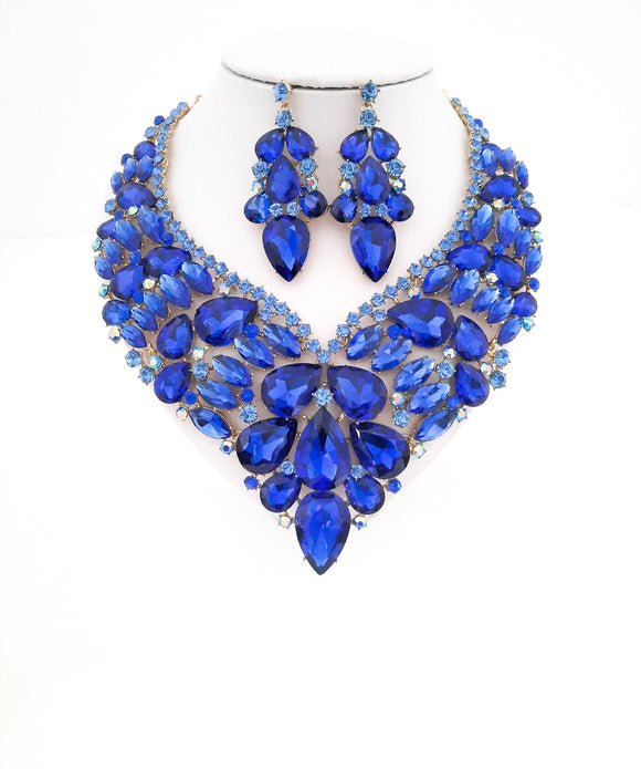 Royal Blue Crystal V Necklace and Earring Set