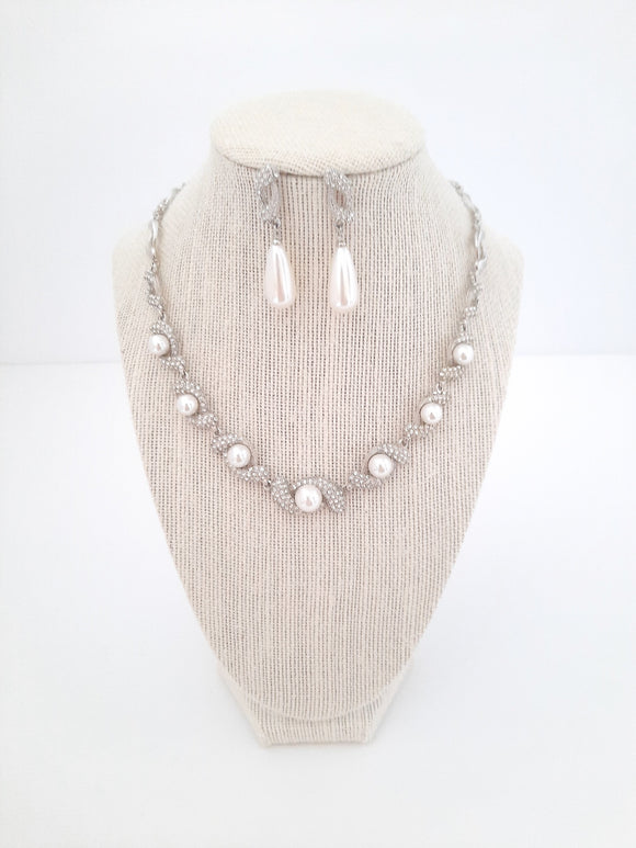 Pearl and Pave Crystal Bridal Necklace and Earring Set