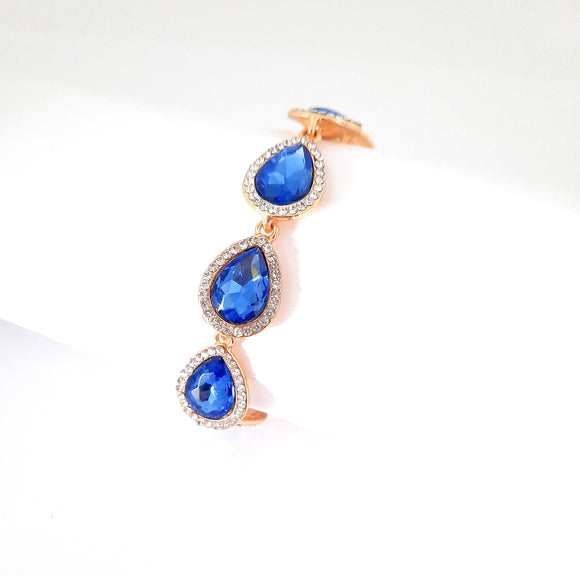 Blue Pear-Shaped Rhinestone Halo Bracelet | Gold Tone